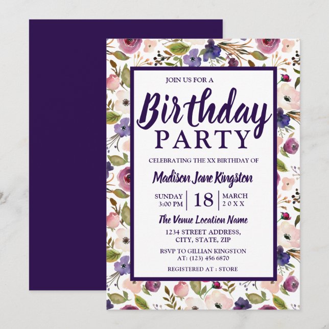 Colourful Purple Peach Floral Birthday Party Invit Invitation (Front/Back)