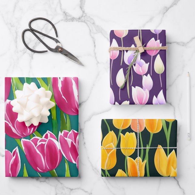 Colourful Purple Red Yellow Watercolor Tulip  Wrapping Paper Sheet (Front)