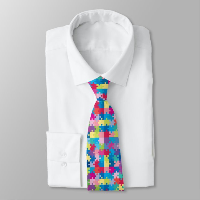 Colourful Puzzle Pattern Autism Awareness Tie (Tied)