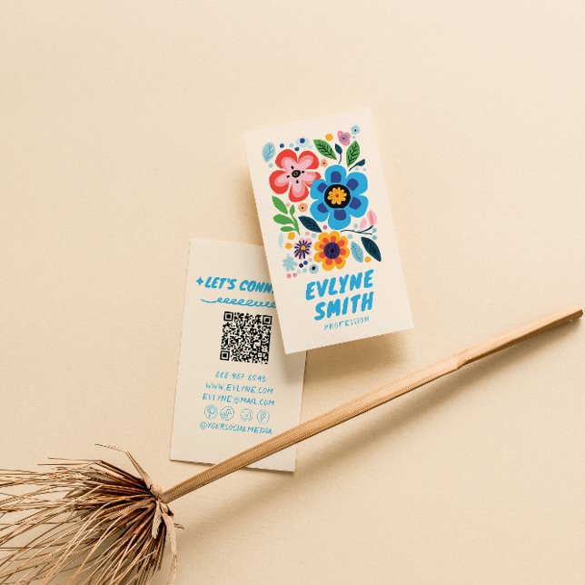Colourful QR Code Hand Drawn Written Retro Floral Business Card (Creator Uploaded)