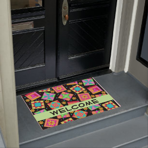 Colourful Quilt Patchwork Blocks Black Welcome Doormat