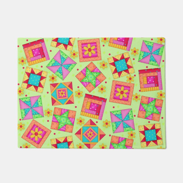 Colourful Quilt Patchwork Blocks Lime Green Custom Doormat (Front)