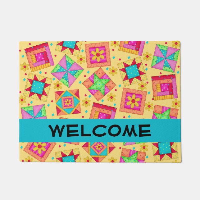 Colourful Quilt Patchwork Blocks Yellow Custom Doormat (Front)
