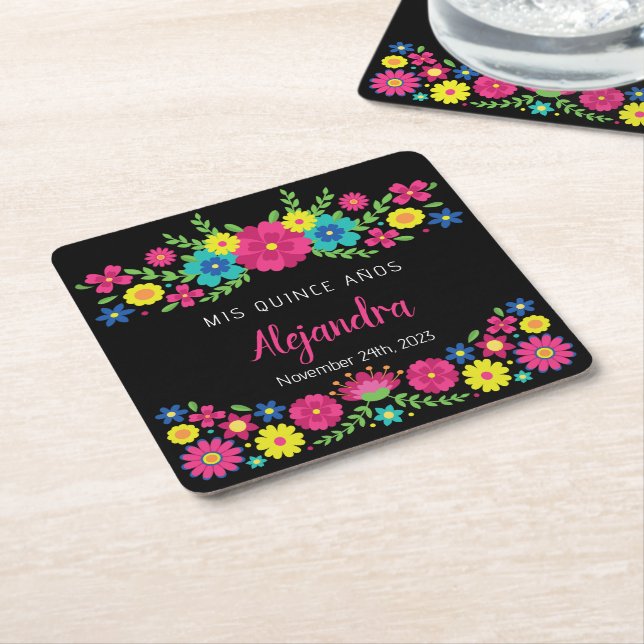 Colourful Quinceañera Mexican flowers Paper Napkin Square Paper Coaster (Angled)