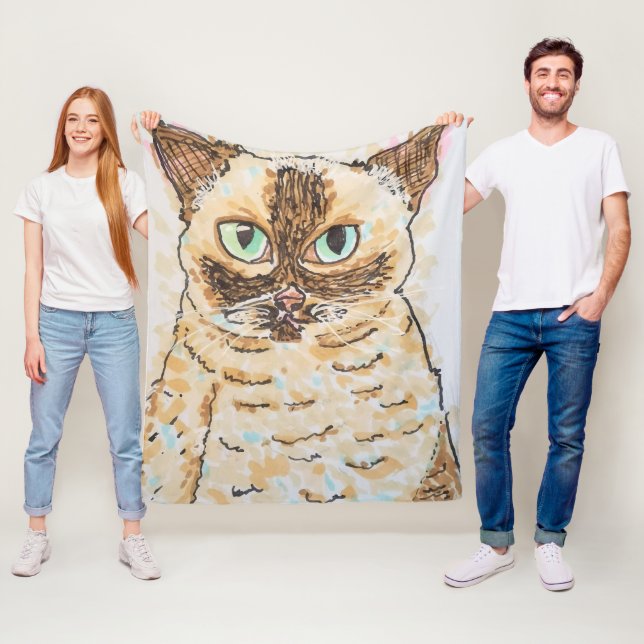 Colourful Quirky Cat Portrait Fleece Blanket (In Situ)