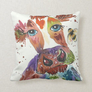 Colourful, Quirky Cow Throw Pillow
