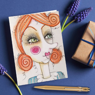 Colourful Quirky Girl Red Hair Whimisical Art Note Card