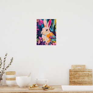 Colourful Rabbit Floral Wall Art Whimsical Bunny