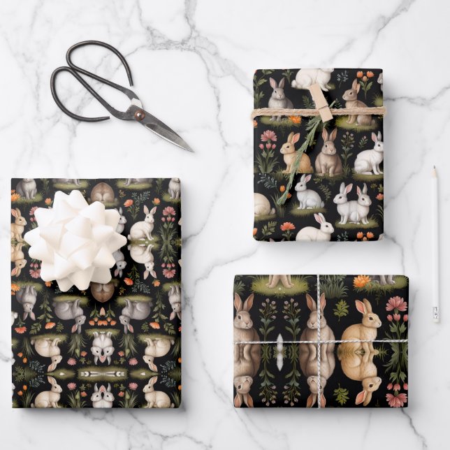 Colourful Rabbits on Black Wrapping Paper Sheet (Front)