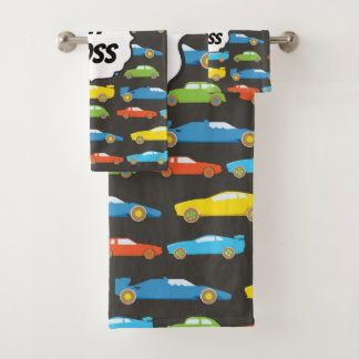 Colourful Race Cars on Black Personalized Bath Towel Set