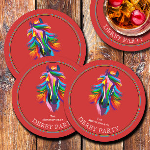 Colourful Racehorse Derby Party Red Round Paper Coaster
