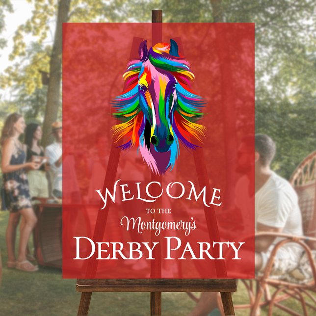 Colourful Racehorse Derby Party Welcome Acrylic Sign (Colorful racehorse on red derby party personalized acrylic welcome sign)