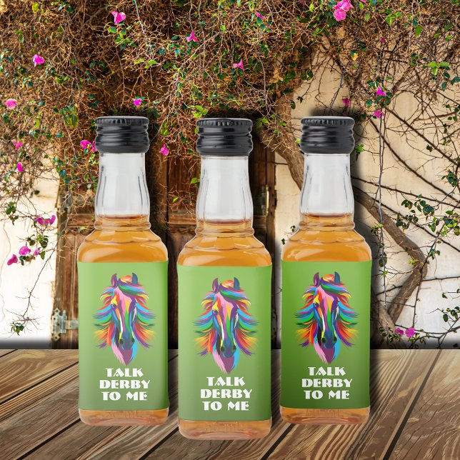 Colourful Racehorse Talk Derby to Me Mini Liquor Bottle Label (Colorful racehorse head Talk Derby to Me mini liquor bottle labels for favors or to serve guests)