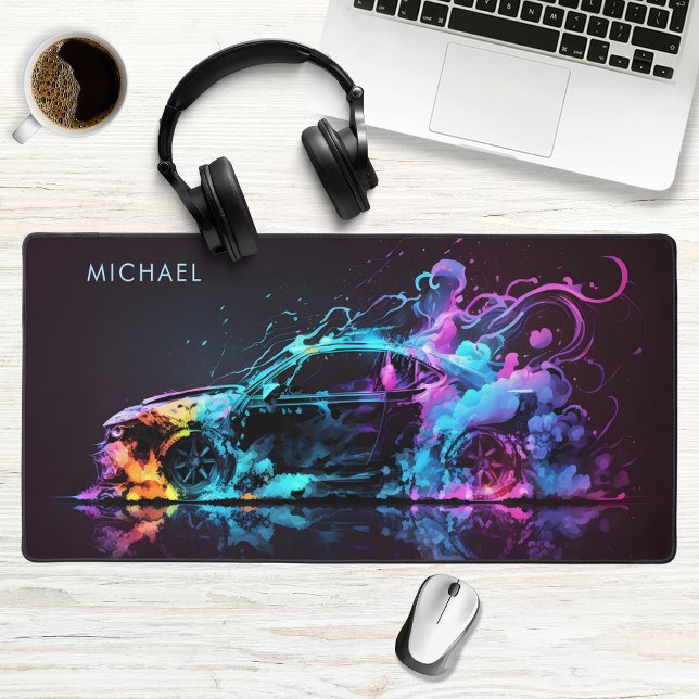 Colourful Racing Car Modern Personalized Name Desk Mat (Creator Uploaded)