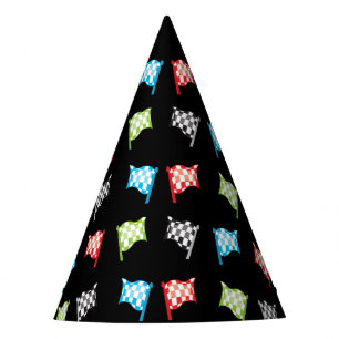 Colourful Racing Flags on Black Birthday Party Hat