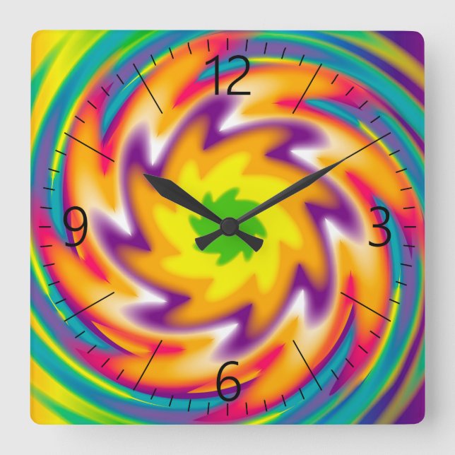 Colourful radial pattern square wall clock (Front)