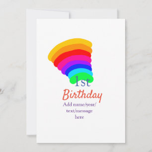 Colourful rainbow 1st birthday add date name messa invitation