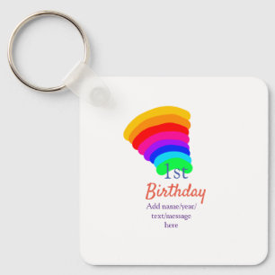 Colourful rainbow 1st birthday add date name messa keychain
