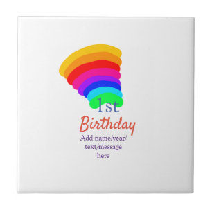 Colourful rainbow 1st birthday add date name messa tile