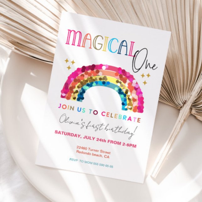 Colourful Rainbow 1st birthday Magical One  Invitation (magical one rainbow birthday invitation, 1st birthday, girl glitter rainbow invite)
