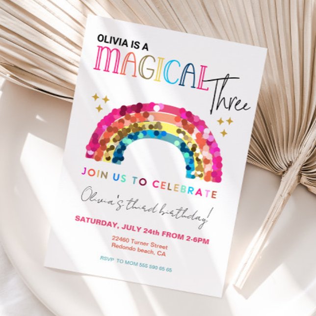 Colourful Rainbow 3rd magical three birthday Invitation (Sequin raibow 3rd birthday invitation)