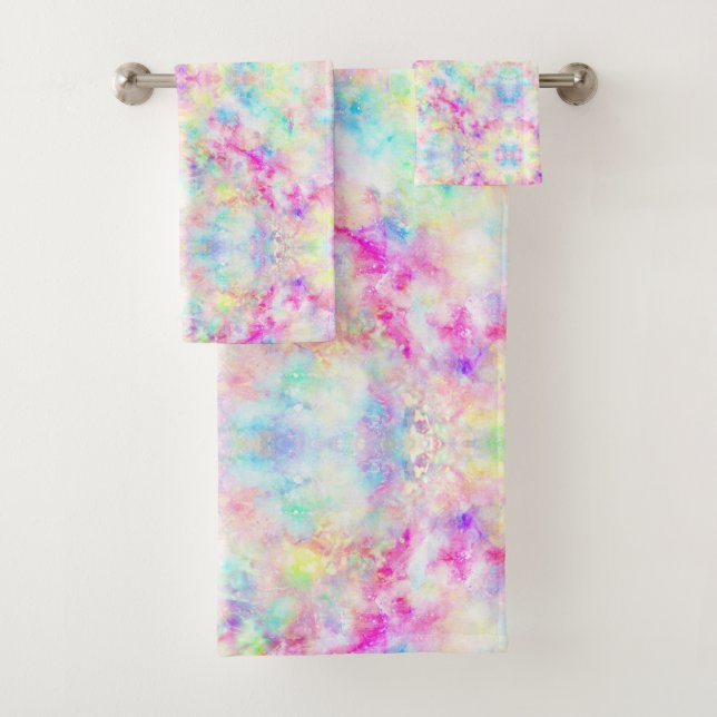 Colourful Rainbow Abstract Bohemian Tie Dye Bath Towel Set (Insitu)