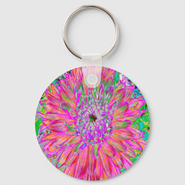 Colourful Rainbow Abstract Decorative Dahlia Flowe Keychain (Front)