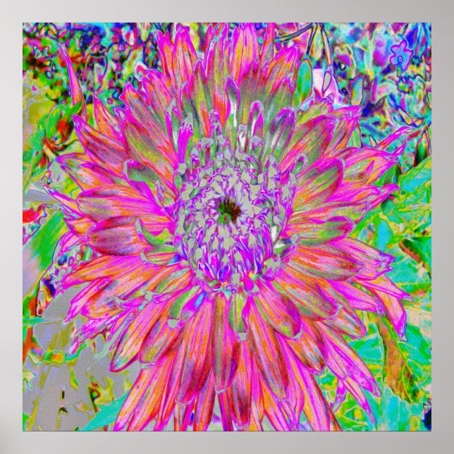 Colourful Rainbow Abstract Decorative Dahlia Flowe Poster (Front)