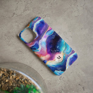 Colourful rainbow agate glitter texture monogram iPhone 15 pro case