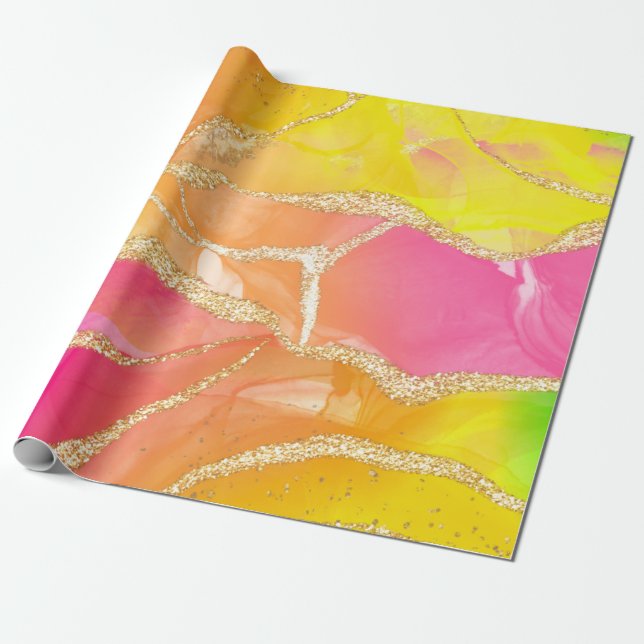 Colourful Rainbow Agate Pink and Orange and Green  Wrapping Paper (Unrolled)