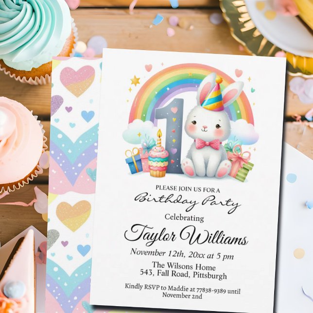 Colourful Rainbow and Bunny 1st Birthday Party Invitation (Creator Uploaded)