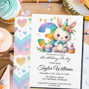 Colourful Rainbow and Bunny 3rd Birthday Party Invitation