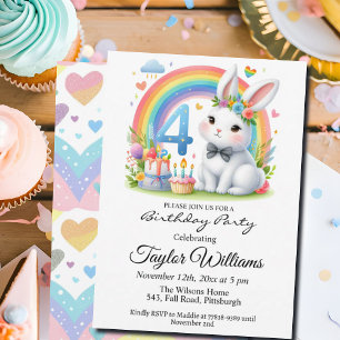 Colourful Rainbow and Bunny 4th Birthday Party Invitation