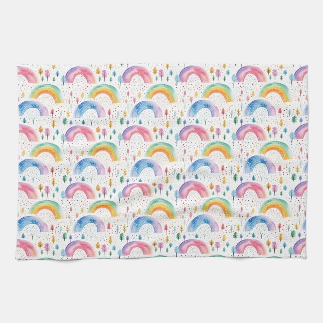 Colourful Rainbow and Tree Seamless Pattern Kitchen Towel (Horizontal)