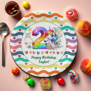 Colourful Rainbow and Unicorn 2nd Birthday Party Paper Plate