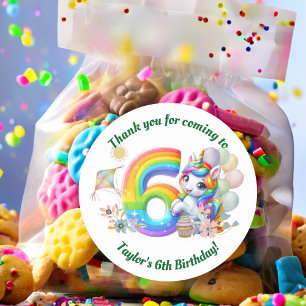 Colourful Rainbow and Unicorn 6th Birthday Party Classic Round Sticker