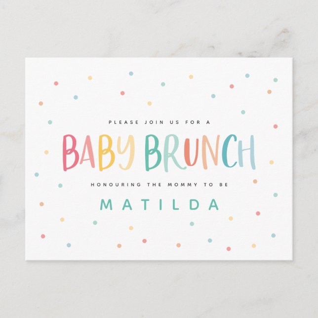 Colourful rainbow baby brunch invitation postcard (Front)