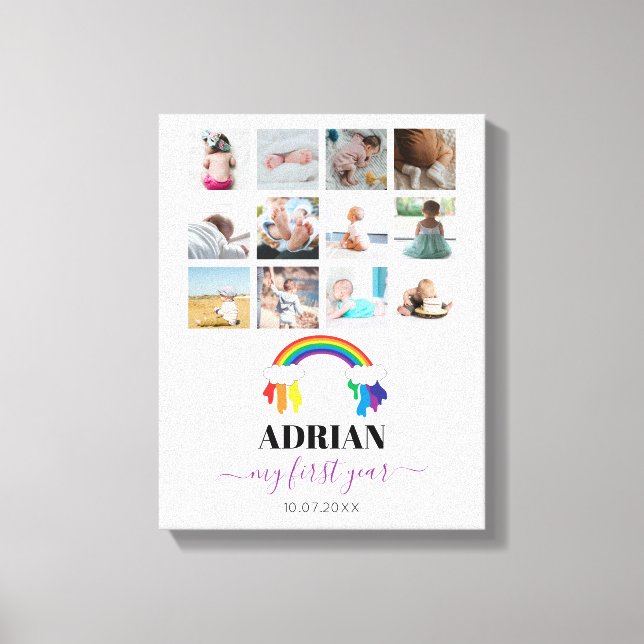 Colourful Rainbow Baby First Year Photo Collage Canvas Print (Front)