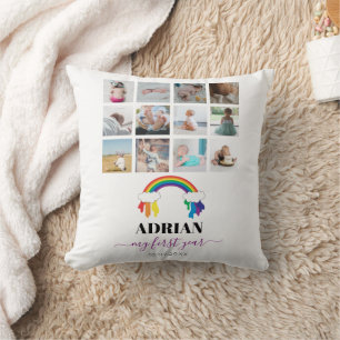 Colourful Rainbow Baby First Year Photo Collage  Throw Pillow