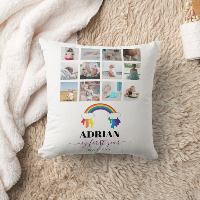 Colourful Rainbow Baby First Year Photo Collage  Throw Pillow (Blanket)