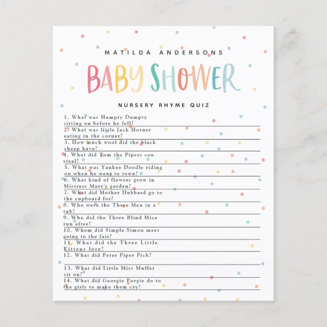 Colourful rainbow baby shower party game flyer (Front)