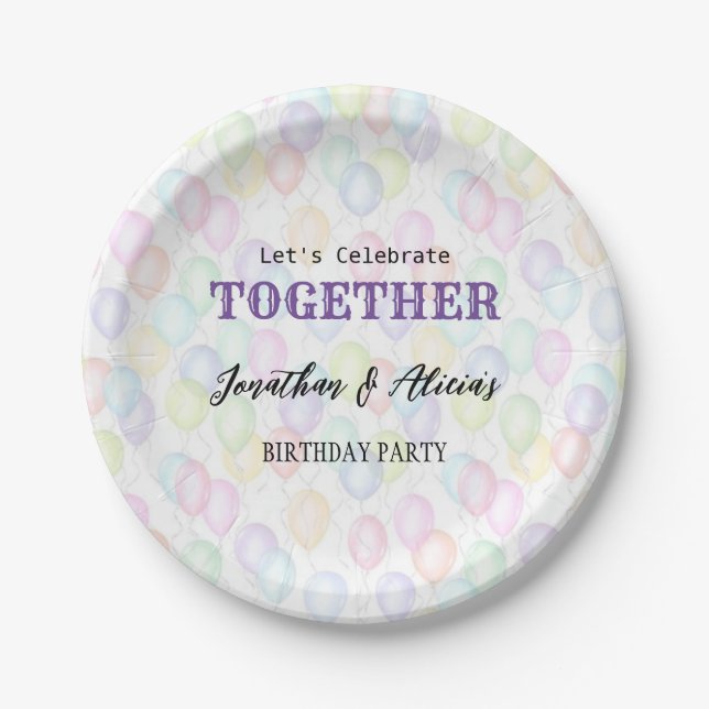 Colourful Rainbow Balloon Joint Birthday Party  Paper Plate (Front)
