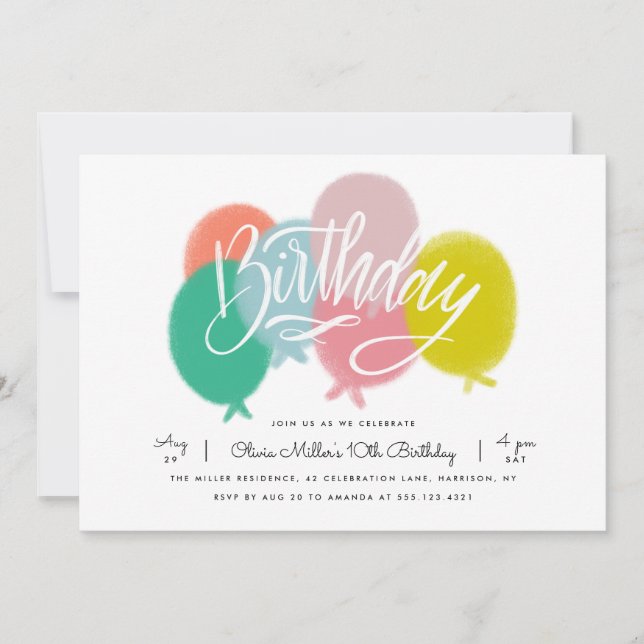 Colourful rainbow balloons birthday party invite (Front)