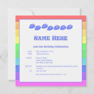 Colourful Rainbow Blue Fun Kids Birthday Party Invitation