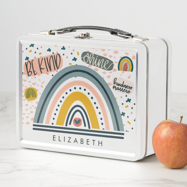 Colourful Rainbow Boho Chic Be Kind Shine Hearts Metal Lunch Box (In Situ)