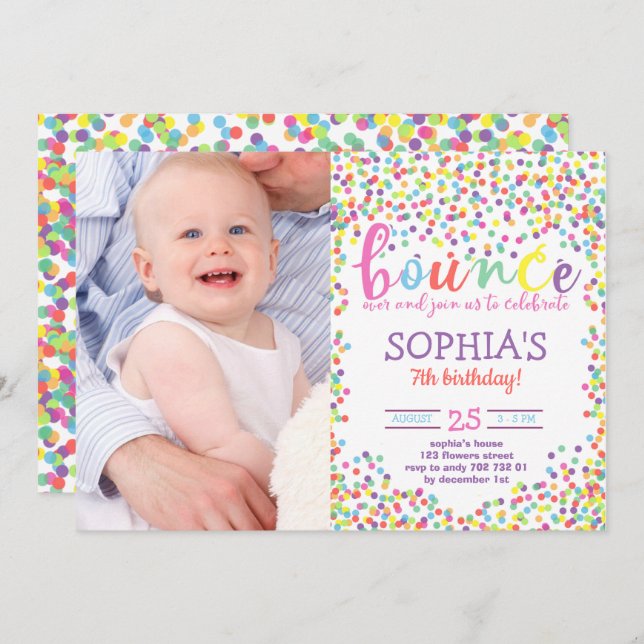 Colourful Rainbow Bounce Birthday Girl with Photo Invitation (Front/Back)