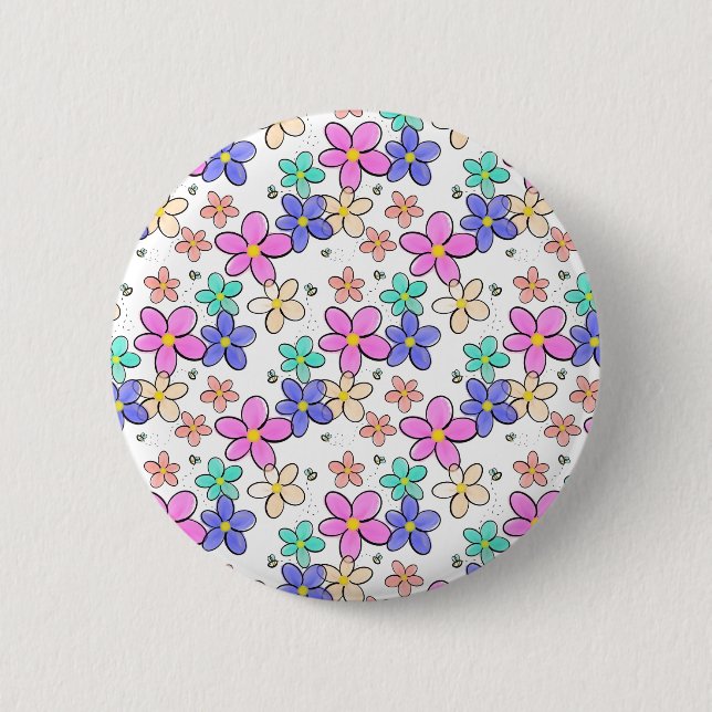 colourful rainbow bright flowers bumble bees flora 2 inch round button (Front)