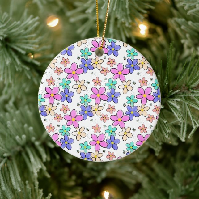 colourful rainbow bright flowers bumble bees flora ceramic ornament (Tree)