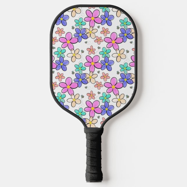 colourful rainbow bright flowers bumble bees flora pickleball paddle (Front)