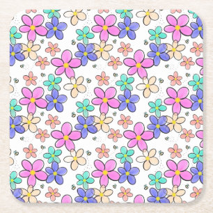 colourful rainbow bright flowers bumble bees flora square paper coaster